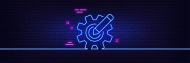 Neon ışık efekti. Çark çizgisi simgesi. Mühendislik aracı işareti. Ayarlar simgesini düzenle. 3D çizgi neon ışıklı ikon. Tuğla duvar afişi. Çarkın ana hatları. Vektör