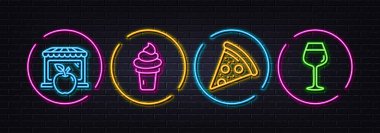 Pizza, dondurma ve market simgeleri asgari düzeyde. Neon lazer 3D ışıklar. Bordeaux cam ikonları. İnternet, uygulama, baskı için. Pizzacı, vanilyalı waffle, Apple mağazası. Şarap kadehi. Vektör
