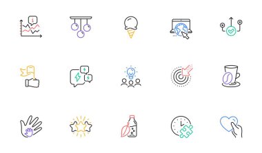 Bulmaca zamanı, internet sitesi ve yazıcı için internet ve dondurma hattı simgeleri. Harita koleksiyonu, sosyal sorumluluk, tavan lambası ikonları. Kalbini tut, iş fikri, stres ağı unsurları. Yıldız. Vektör