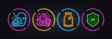 T-shirt, Cream and Face cream minimal line icons. Neon laser 3d lights. 24 hours icons. For web, application, printing. Sleeveless shirt, Best lotion, Gel. Protection. Neon lights buttons. Vector