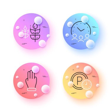Üç parmak, buluşma zamanı ve park zamanı simgeleri. 3 boyutlu küreler ya da top düğmeleri. Glütensiz ikonlar. İnternet, uygulama, baskı için. Avuç içi tıklayın, konferans saatleri, park saati. Vektör