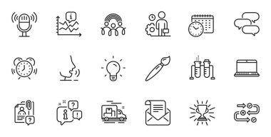 Çizelge seti, Araştırma süreci ve web uygulaması için Kimya beher çizgisi simgeleri. Konuşma, bilgi, teslimat kamyonu taslak ikonu. Konuşma baloncuğu, Çalışan, Takvim zaman simgeleri dahil. Vektör