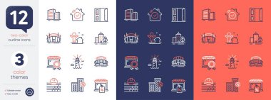 Açık kapı seti, spor stadyumu ve gökdelen binaları ikonları. Deniz feneri, yeni ev, en iyi pazar ikonları dahil. Ev güvenliği, İnşaat, Binalar web elementleri. Piyasa satışı. Vektör