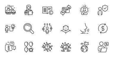 Web uygulaması için Balon Dart, Güvenlik ve İş Hattı simgeleri. Konuşma, bilgi, teslimat kamyonu taslak ikonu. Telif hakkı, takım çalışması, kimya laboratuarı ikonları dahil. Vektör