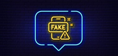 Neon ışığı konuşma balonu. Sahte haber ikonu. Web propaganda işareti. Yanlış doğruluk sembolü. Neon ışıklı arka plan. Sahte haber kıvılcımı. Tuğla duvar afişi. Vektör