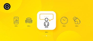 Zaman, Smartphone istatistikleri ve Flash bellek simgeleri minimal çizgi simgeleri. Sarı soyut arkaplan. Danışmanlık işi, spor stadyumu ikonları. İnternet, uygulama, baskı için. Vektör