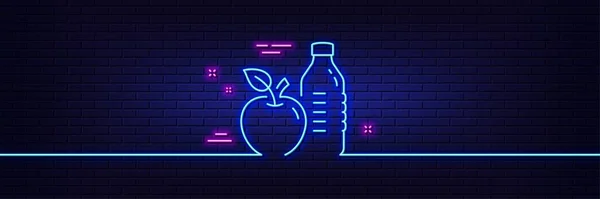 ネオンライトの輝き効果 健康食品や飲料ラインのアイコン リンゴの看板付きの水 ジムフィットボトルのシンボル 3Dラインネオングローアイコン レンガの壁のバナー 健康食品の概要 ベクトル — ストックベクタ