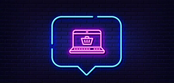 Neon Light Speech Bubble Online Shopping Cart Line Icon Laptop — Stock Vector