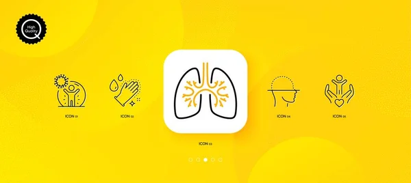 コロナウイルス保護とボランティア最小限のラインアイコン 黄色の抽象的な背景 顔のスキャン 手のアイコンを洗う Web アプリケーション 印刷用 ベクトル — ストックベクタ