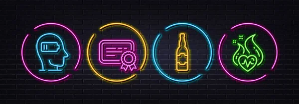 Bouteille Bière Certificat Lassitude Icônes Ligne Minimale Néon Laser Lumières — Image vectorielle