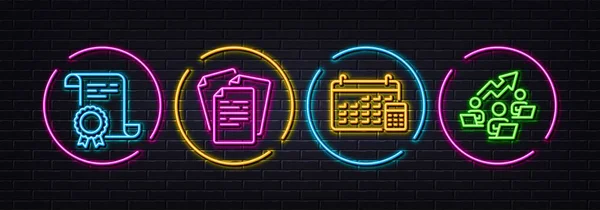 Minimální Ikony Řádků Dokumentů Certifikátů Kalendářů Neonový Laser Světla Ikony — Stockový vektor