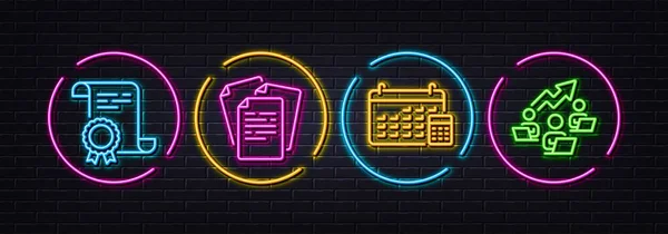 Dokumente Zertifikate Und Kalender Minimale Zeilensymbole Neon Laser Lichter Symbole — Stockvektor