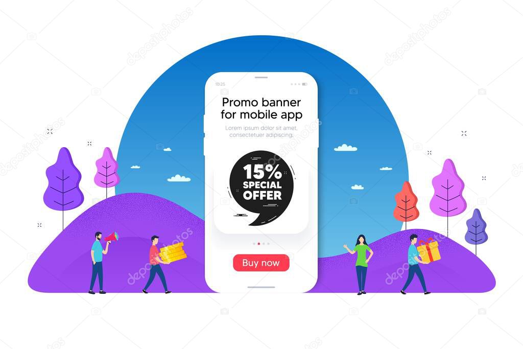 Special offer qoute banner. Phone ui interface banner. Discount sticker with comma. Gift coupon icon. Mobile smartphone promo banner. Special offer tag. Man with gift box. Vector
