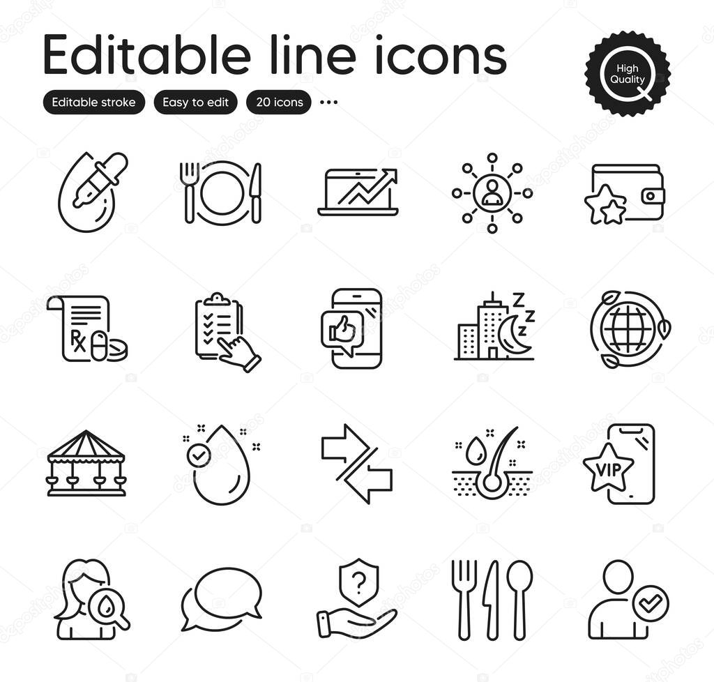 Set of Business outline icons. Contains icons as Carousels, Night city and Eco energy elements. Serum oil, Messenger, Vip phone web signs. Moisturizing cream, Identity confirmed. Vector