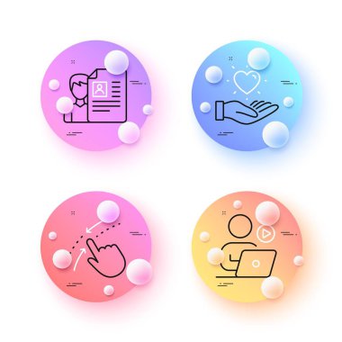 Job interview, Hold heart and Video conference minimal line icons. 3d spheres or balls buttons. Swipe up icons. For web, application, printing. Cv file, Love brand, Start presentation. Vector