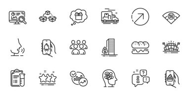 Web uygulaması için Stars, Burger ve Bell uyarı çizgileri ana hatları simgeleri. Konuşma, bilgi, teslimat kamyonu taslak ikonu. Yemek uygulaması, spor salonu, hediye rüya ikonları dahil. Vektör