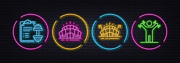 Arena Stadion Sports Arena Dumbbell Minimale Lijn Pictogrammen Neon Laser — Stockvector