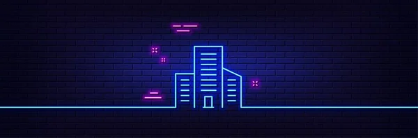 Neon Ljus Glöd Effekt Byggnader Linje Ikon Stadsarkitekturskylt Skyskrapa Byggnad — Stock vektor