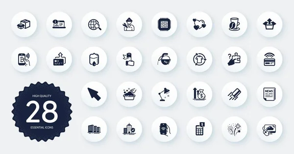 Set of Business icons, such as Packing boxes, Fireworks and Card flat icons. Change clothes, Cloud computing, Fake news web elements. Drop counter, Leadership, Coffee pot signs. Circle buttons. Vector