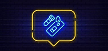 Neon ışığı konuşma balonu. Covid test çizgisi simgesi. Coronavirus test işareti. Kan testi tüpü sembolü. Neon ışıklı arka plan. Kapalı test ışık çizgisi. Tuğla duvar afişi. Vektör