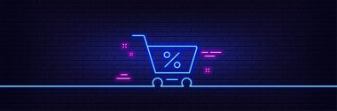 Neon light glow effect. Shopping cart with Percentage line icon. Online buying sign. Supermarket basket symbol. 3d line neon glow icon. Brick wall banner. Special offer outline. Vector