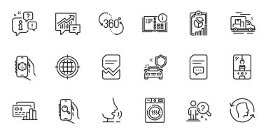 Web uygulaması için ana hatlı arama uygulaması, 3d uygulama ve bozuk dosya satırı simgeleri. Konuşma, bilgi, teslimat kamyonu taslak ikonu. Yüz Kimliği, Seo İnternet, Rapor simgeleri dahil. Vektör