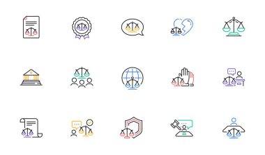 Mahkeme çizgisi simgeleri ayarlandı. Avukat, Adalet ve Hâkim Terazisi. Çekiç, Hukuk ve Dilekçe belgesi simgeleri belirledi. Hüküm, adalet, mahkeme emri. Gavel yargıç çekici, kararları, yönetim kurulu başkanı. Vektör