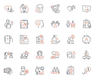 People icons set. Included icon as Accounting, Face accepted and Good mood web elements. Love message, Employees wealth, Wash hands icons. Search employee, Yummy smile, Build web signs. Vector
