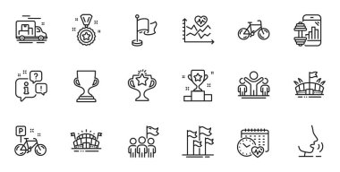 Kazanan ödülünün ana hatları, kardiyo eğitimi ve web uygulaması için bayrak çizgisi simgeleri. Konuşma, bilgi, teslimat kamyonu taslak ikonu. Bisiklet, Kazanan, Arena simgeleri dahil. Vektör