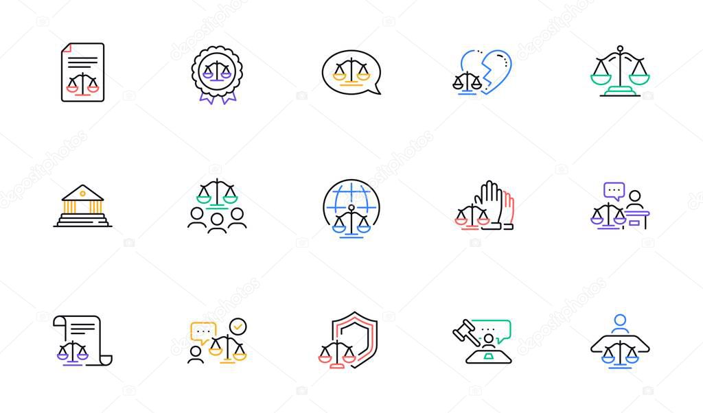 Court line icons set. Lawyer, Scales of Justice and Judge. Hammer, Law and Petition document set icons. Judgment, justice, court injunction. Gavel judge hammer, rulings, presiding officer. Vector