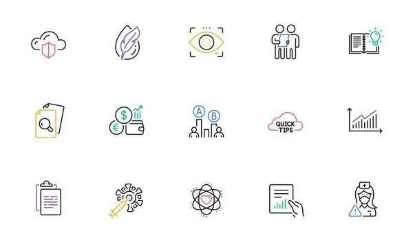 Знание продукта, курс валюты и иконки буфера обмена для веб-сайта, печать. Коллекция документов, Ab тестирование, иконки коронавирусной вакцины. Обследование, сестра, глаз обнаруживают веб-элементы. Вектор