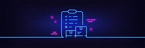 Neon Light Glow Effect Inventory Checklist Line Icon Warehouse Pallet — Stock vektor