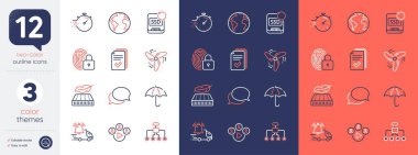 Yeniden Yapılanma, Kurtarma ve Görüntülü Konferans Hattı simgeleri. Teslimat bildirimi, dağıtım, zaman ayarı simgeleri dahil. Hafif yatak, Dünya Gezegeni, Şemsiye Ağı elementleri. Kilit. Vektör