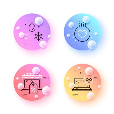 Love, Weather and Market sale minimal line icons. 3d spheres or balls buttons. Cyber attack icons. For web, application, printing. Heart, Climate, Store discounts. Computer hacking. Vector