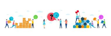 Discounts calendar, Card and Report minimal line icons. People characters with puzzle, delivery parcel. Buy currency icons. For web, application, printing. Vector
