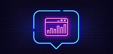 Neon ışığı konuşma balonu. Pazarlama istatistik çizgisi simgesi. Web analitik sembolü. Tarayıcı penceresi işareti. Neon ışıklı arka plan. Pazarlama istatistikleri parıldıyor. Tuğla duvar afişi. Vektör