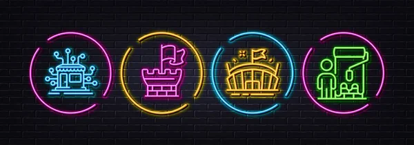 Arena Escudo Distribución Iconos Línea Mínima Luces Láser Neón Iconos — Vector de stock