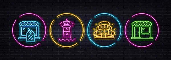 Market Sale Lighthouse Arena Stadium Minimal Line Icons Neon Laser — Wektor stockowy