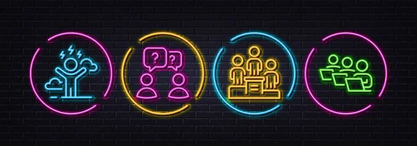 Teamwork Questions Business Podium Difficult Stress Minimal Line Icons Neon — Stockvektor