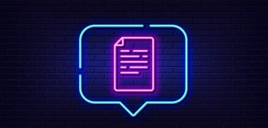 Neon ışığı konuşma balonu. Belge satırı simgesi. Doktor dosya sayfası işareti. Ofis sembolü. Neon ışıklı arka plan. Belge parlama hattı. Tuğla duvar afişi. Vektör