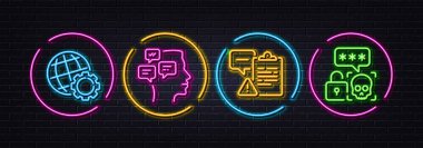 Mesajlar, Küre ve Pano en az satır simgesi. Neon lazer 3D ışıklar. Siber saldırı ikonları. İnternet, uygulama, baskı için. Bildirimler, internet ayarları, Tedbir belgesi. Şifre kırma. Vektör
