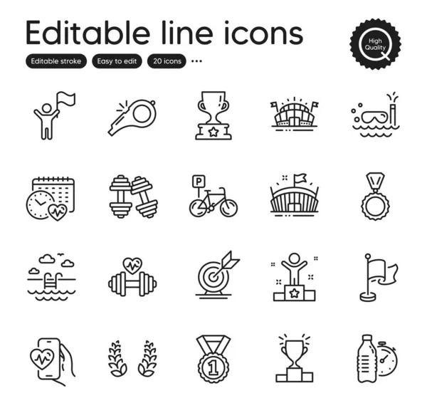 Set Sports Outline Icons Contains Icons Dumbbells Flag Bicycle Parking — Vettoriale Stock