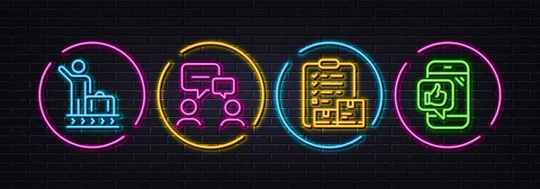 People Chatting Luggage Belt Inventory Checklist Minimal Line Icons Neon — Vector de stock