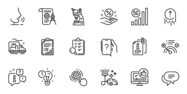 Web uygulaması için Ek Bilgiler, Zaman Yönetimi ve Görüntü Satırı simgeleri ana hatları. Konuşma, bilgi, teslimat kamyonu taslak ikonu. Vektör