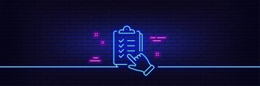 Neon light glow effect. Checklist line icon. Clipboard document sign. Questioning survey symbol. 3d line neon glow icon. Brick wall banner. Checklist outline. Vector