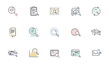 Search line icons. Indexation, Artificial intelligence and Car rental. Search images linear icon set. Bicolor outline web elements. Vector