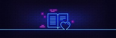 Neon ışık efekti. Aşk kitabı ikonu. Geri bildirim işareti. Müşteri memnuniyeti sembolü. 3D çizgi neon ışıklı ikon. Tuğla duvar afişi. Aşk kitabı özeti. Vektör