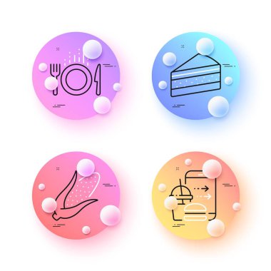 Mısır, Kek ve Yemek siparişi asgari çizgi simgeleri. 3 boyutlu küreler ya da top düğmeleri. Yemek ikonları. İnternet, uygulama, baskı için. Taze sebze, tatlı kek, çatal bıçak takımı. Mısır çizgisi simgesi afişi. Vektör