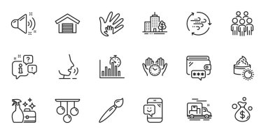 Sosyal sorumluluk taslağı, tavan lambası ve web uygulaması için para çantası simgeleri. Konuşma, bilgi, teslimat kamyonu taslak ikonu. Vektör