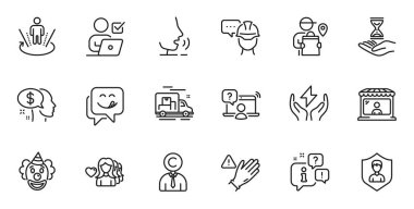 Outline set of Safe energy, Security agency and Market seller line icons for web application. Talk, information, delivery truck outline icon. Include Copyrighter, Pay, Yummy smile icons. Vector